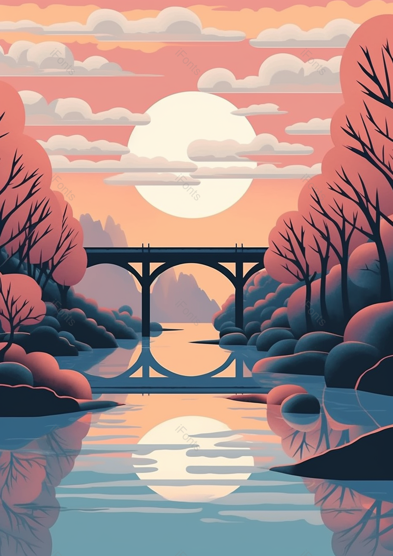 手绘风红色夕阳下河流桥梁背景,插画/手绘图,插画/手绘图库,插画/手绘图下载,插画/手绘